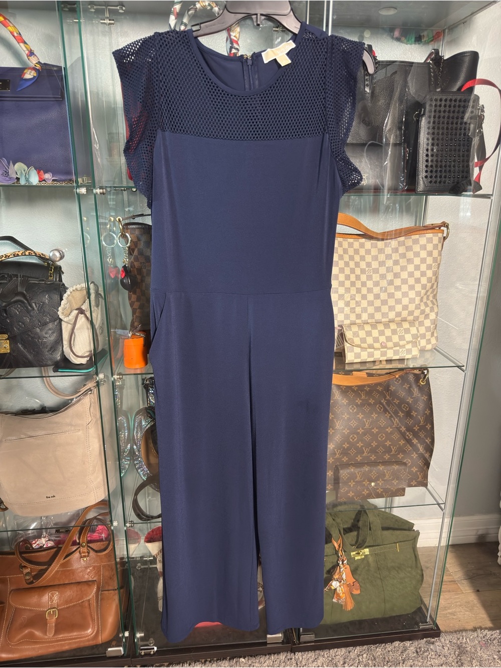 MICHAEL Michael Kors Navy Mesh Yoke Cap-Sleeve Jumpsuit